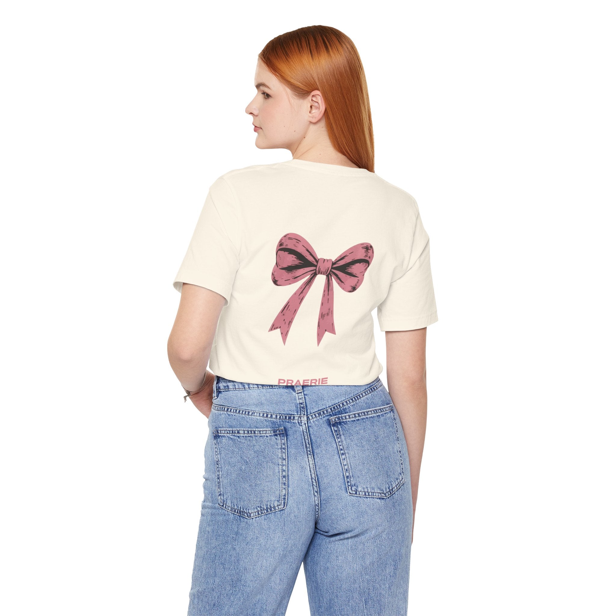Bow Back Tee — Pink Vintage Ribbon "PRAERIE" Graphic T-Shirt