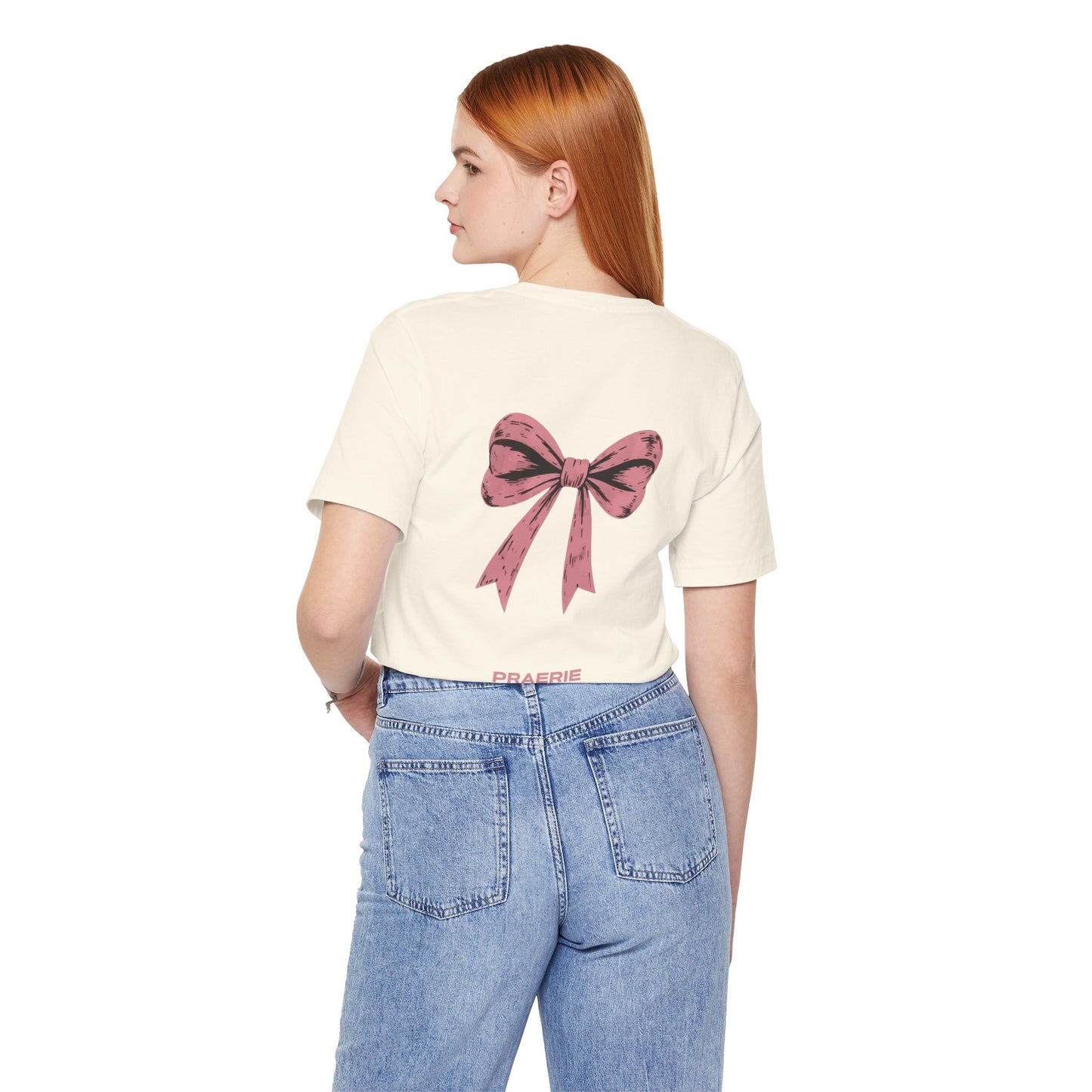 Bow Back Tee — Pink Vintage Ribbon "PRAERIE" Graphic T-Shirt