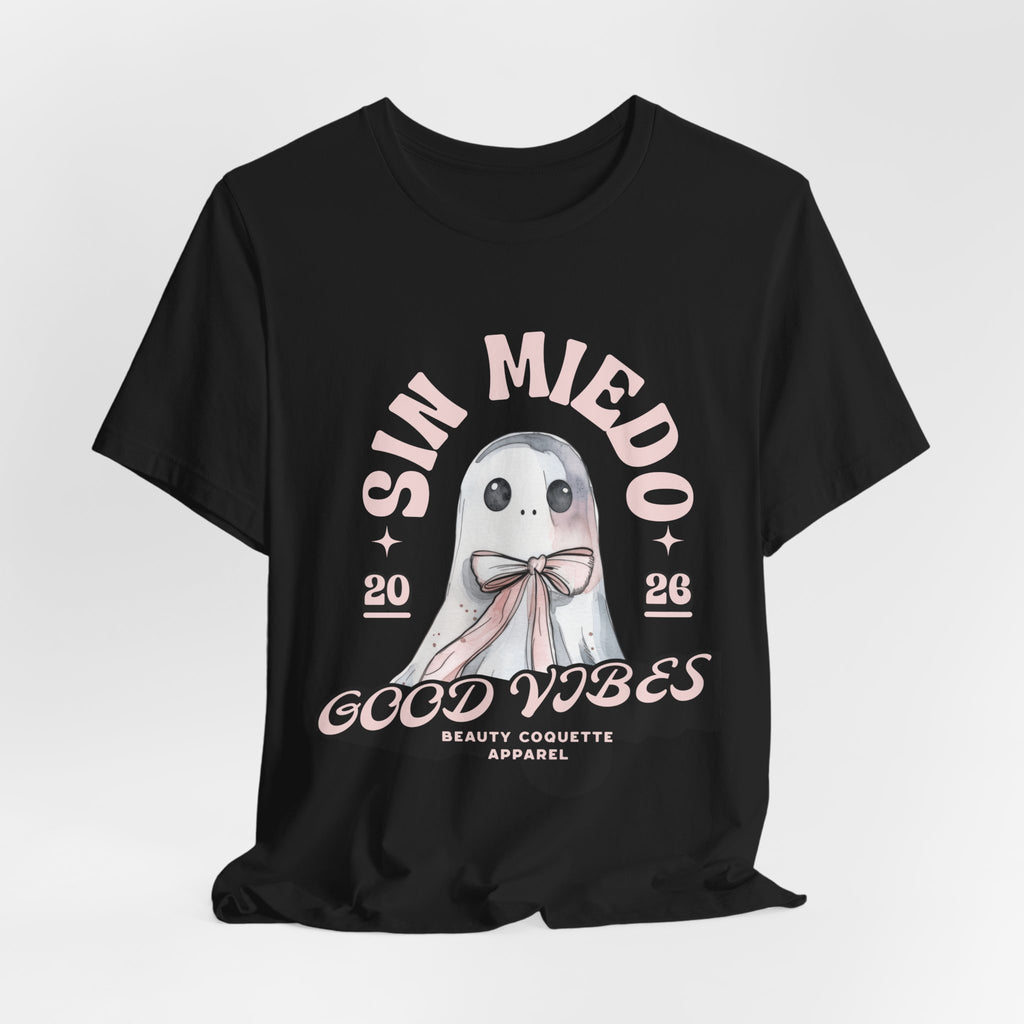 Good Vibes Ghost Tee – "Sin Miedo" Cute Pastel Graphic T-Shirt