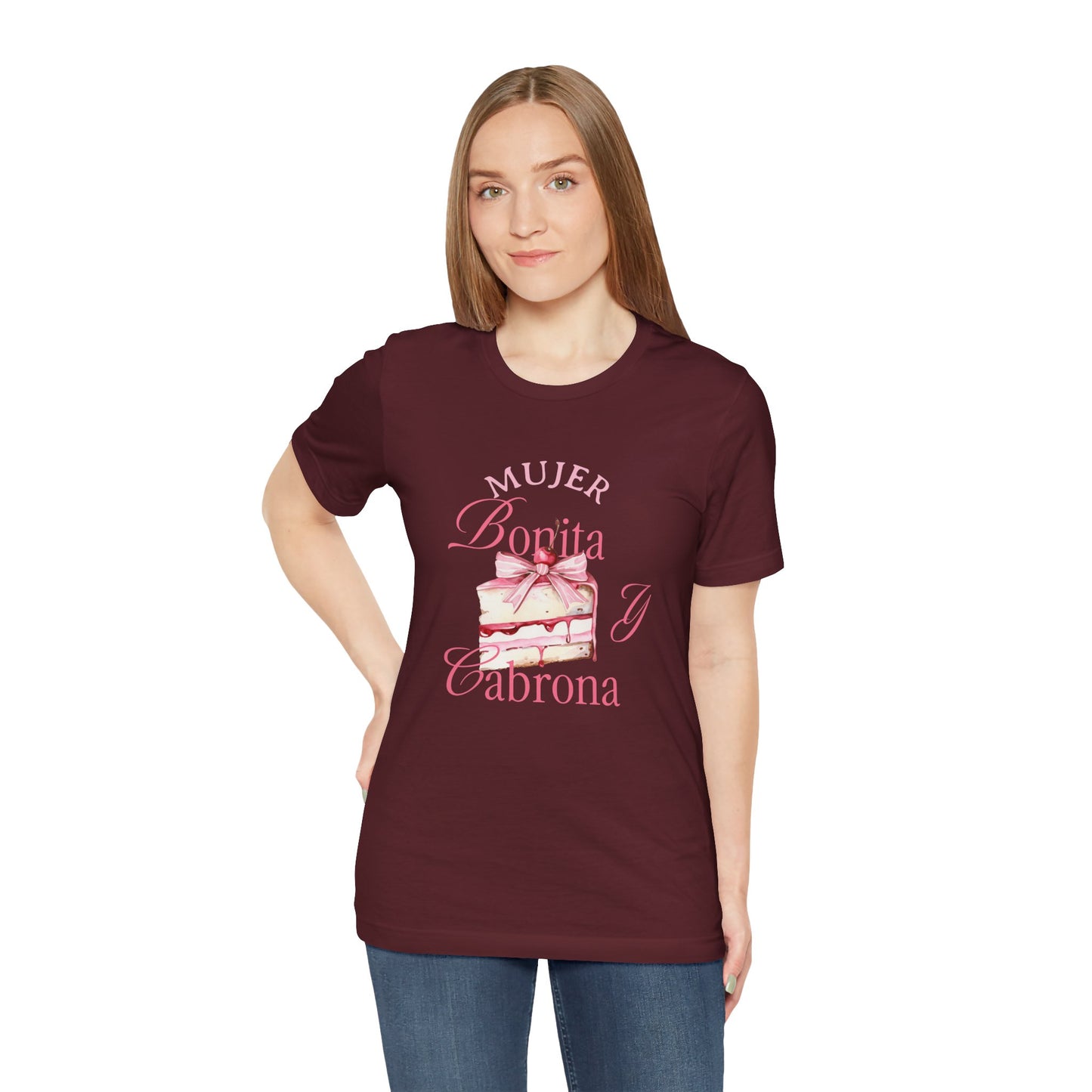 Mujer Bonita y Cabrona Tee — Pink Cake Graphic Women's Spanish Statement Shirt