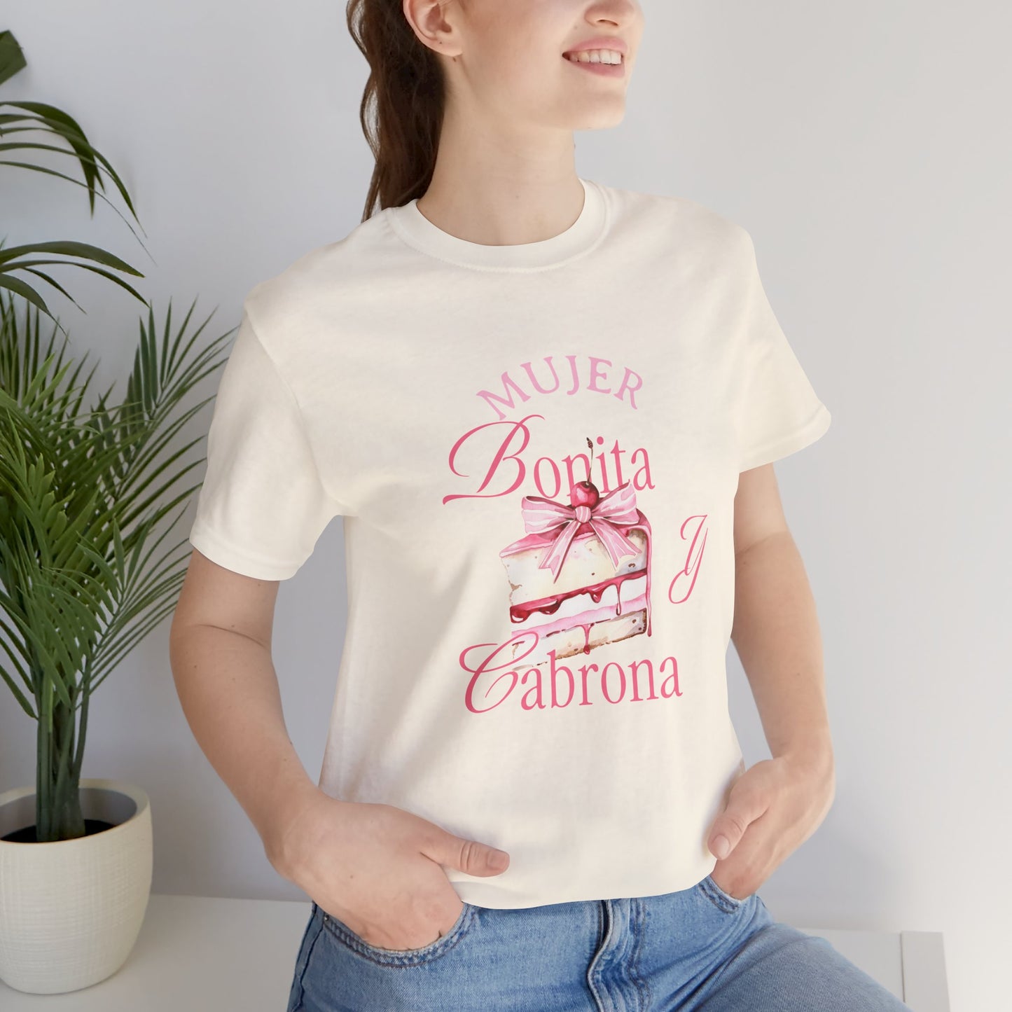 Mujer Bonita y Cabrona Tee — Pink Cake Graphic Women's Spanish Statement Shirt