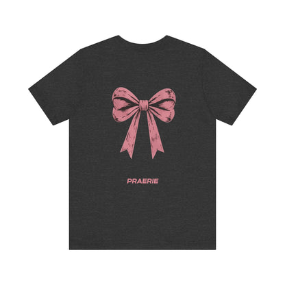 Bow Back Tee — Pink Vintage Ribbon "PRAERIE" Graphic T-Shirt