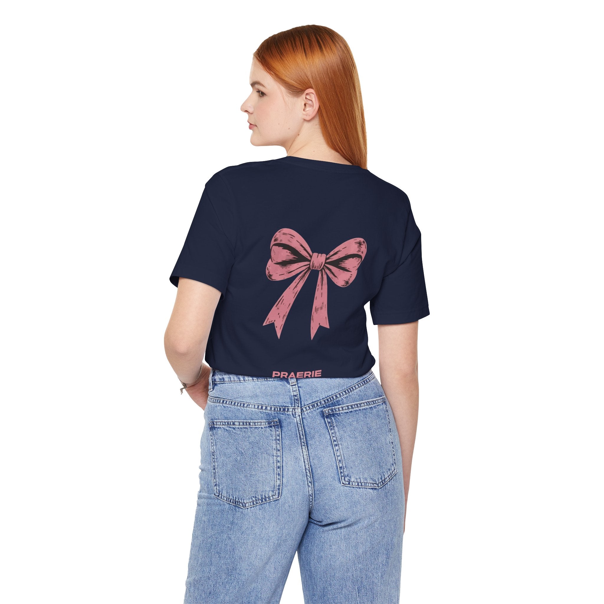 Bow Back Tee — Pink Vintage Ribbon "PRAERIE" Graphic T-Shirt