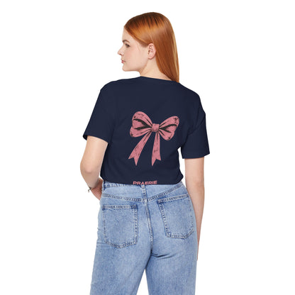 Bow Back Tee — Pink Vintage Ribbon "PRAERIE" Graphic T-Shirt