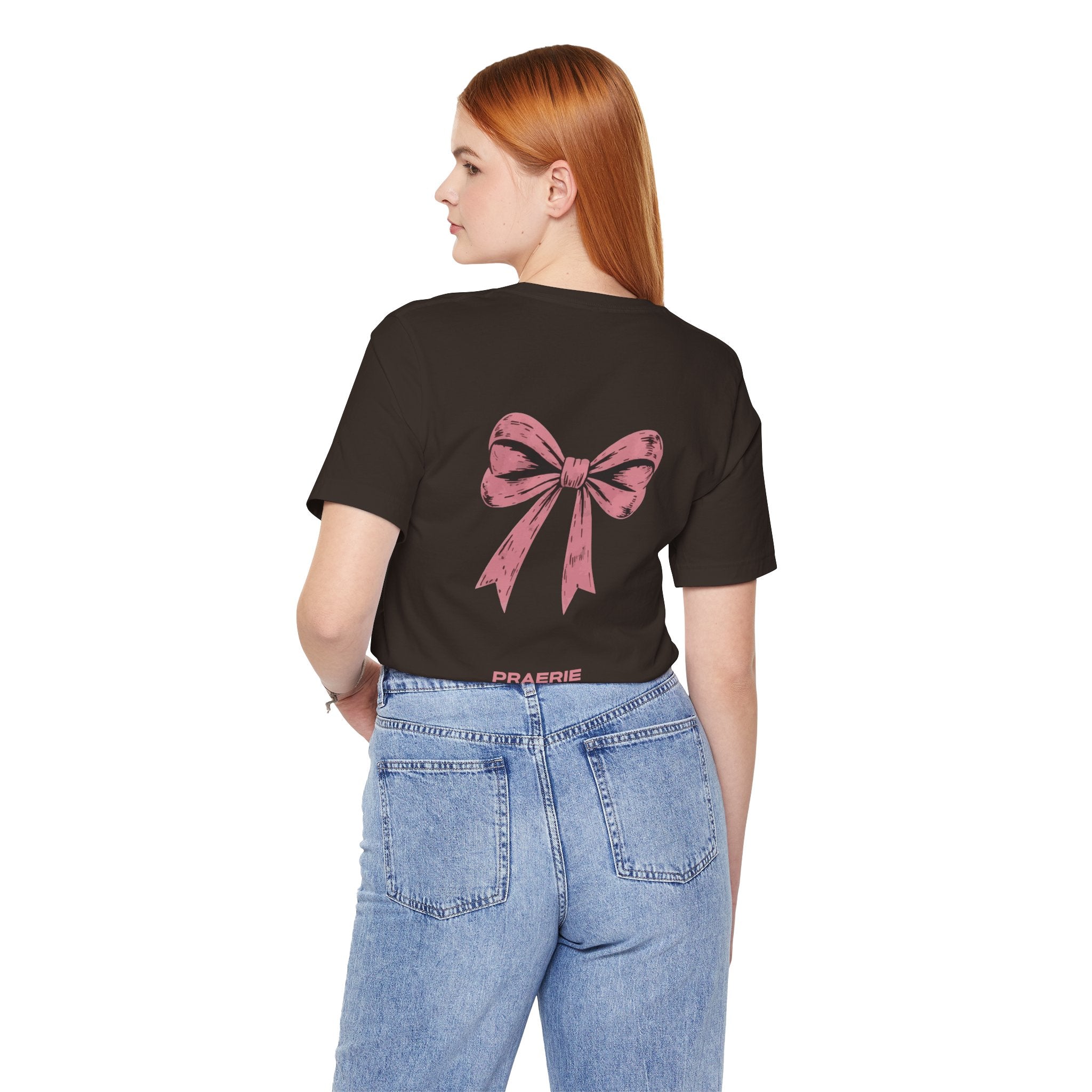 Bow Back Tee — Pink Vintage Ribbon "PRAERIE" Graphic T-Shirt