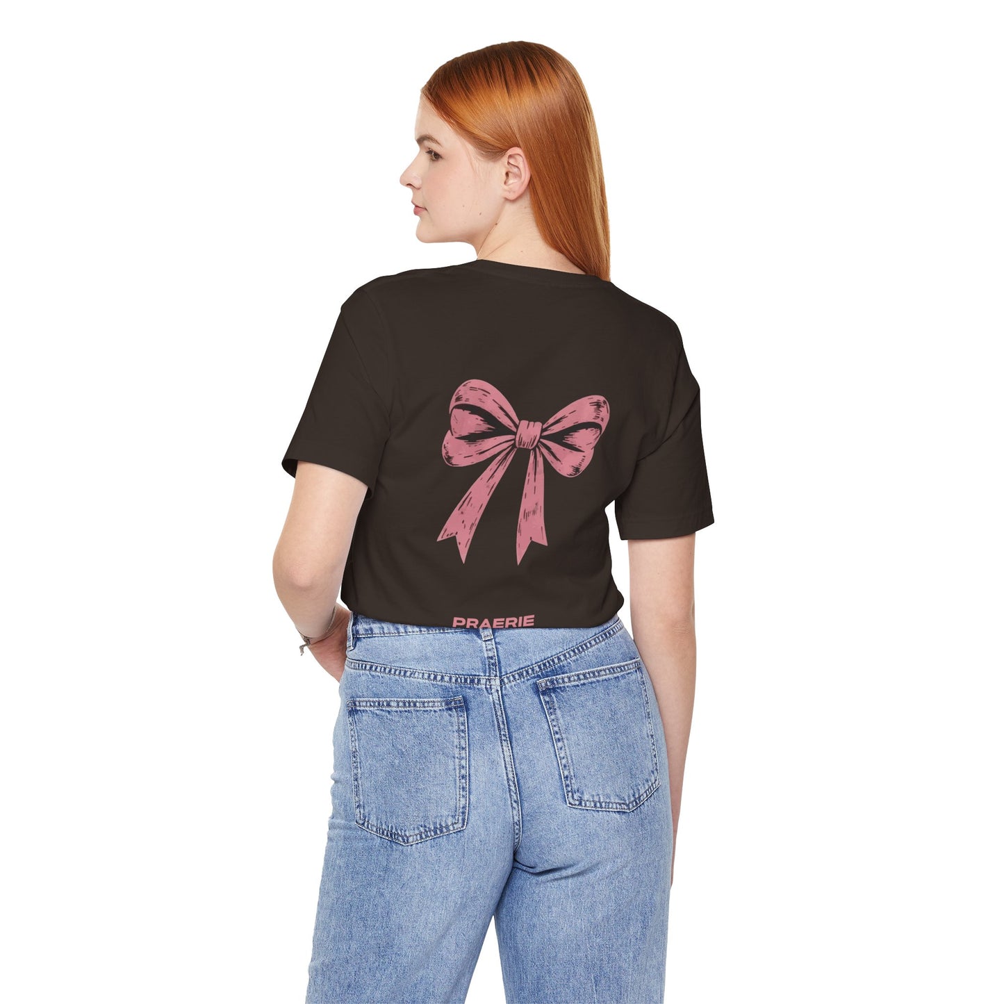 Bow Back Tee — Pink Vintage Ribbon "PRAERIE" Graphic T-Shirt