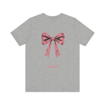 Bow Back Tee — Pink Vintage Ribbon "PRAERIE" Graphic T-Shirt