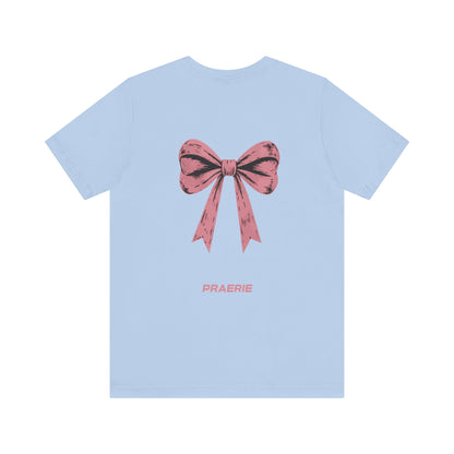 Bow Back Tee — Pink Vintage Ribbon "PRAERIE" Graphic T-Shirt
