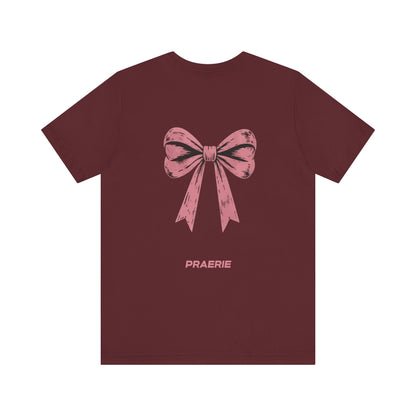 Bow Back Tee — Pink Vintage Ribbon "PRAERIE" Graphic T-Shirt