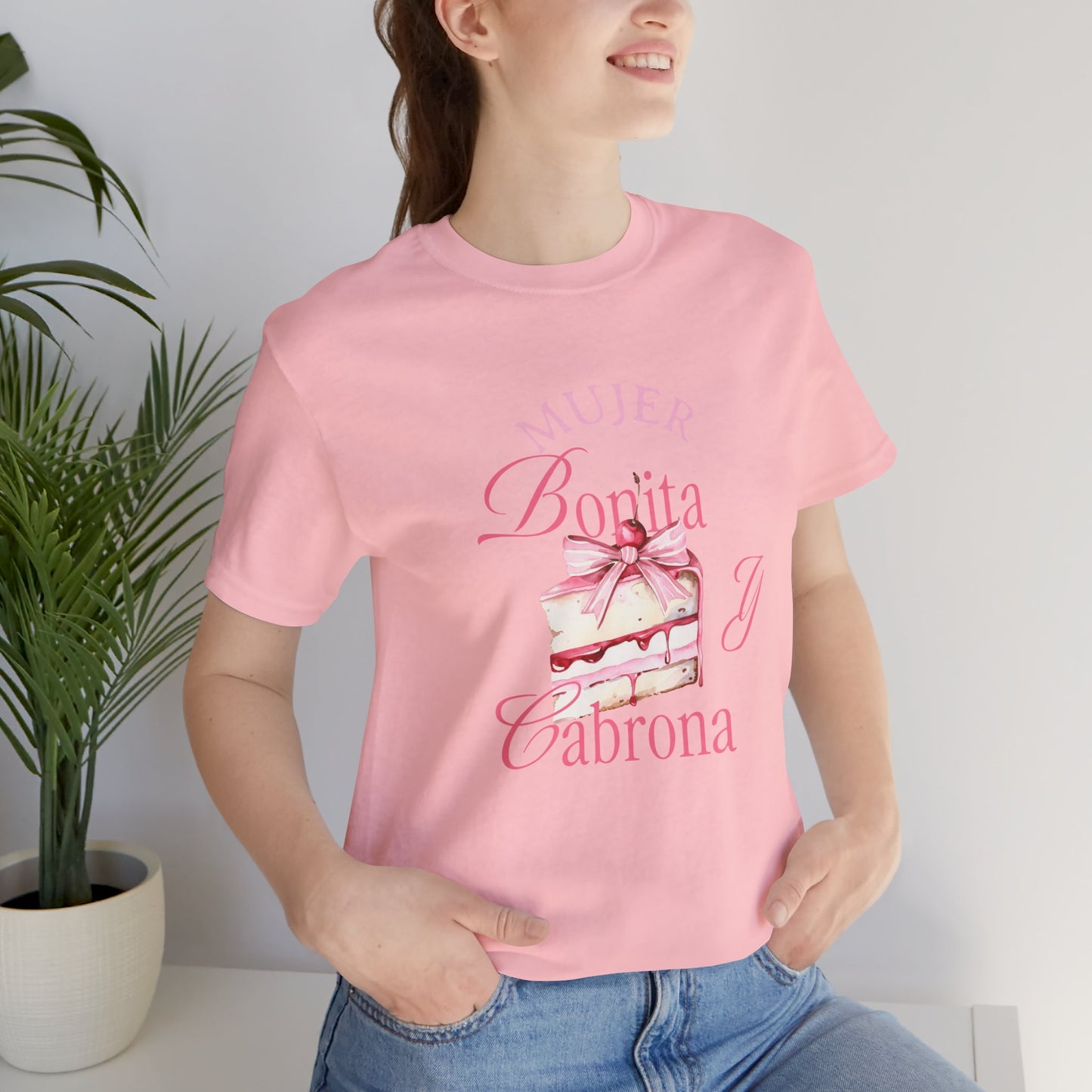 Mujer Bonita y Cabrona Tee — Pink Cake Graphic Women's Spanish Statement Shirt