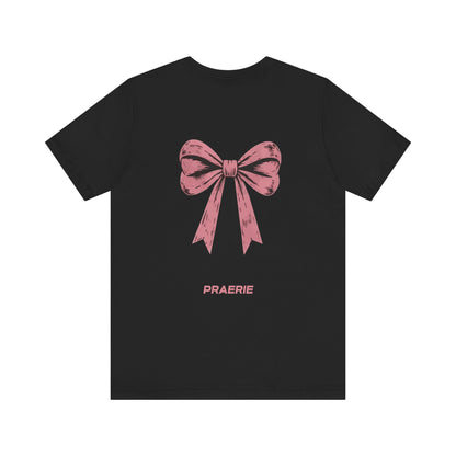 Bow Back Tee — Pink Vintage Ribbon "PRAERIE" Graphic T-Shirt