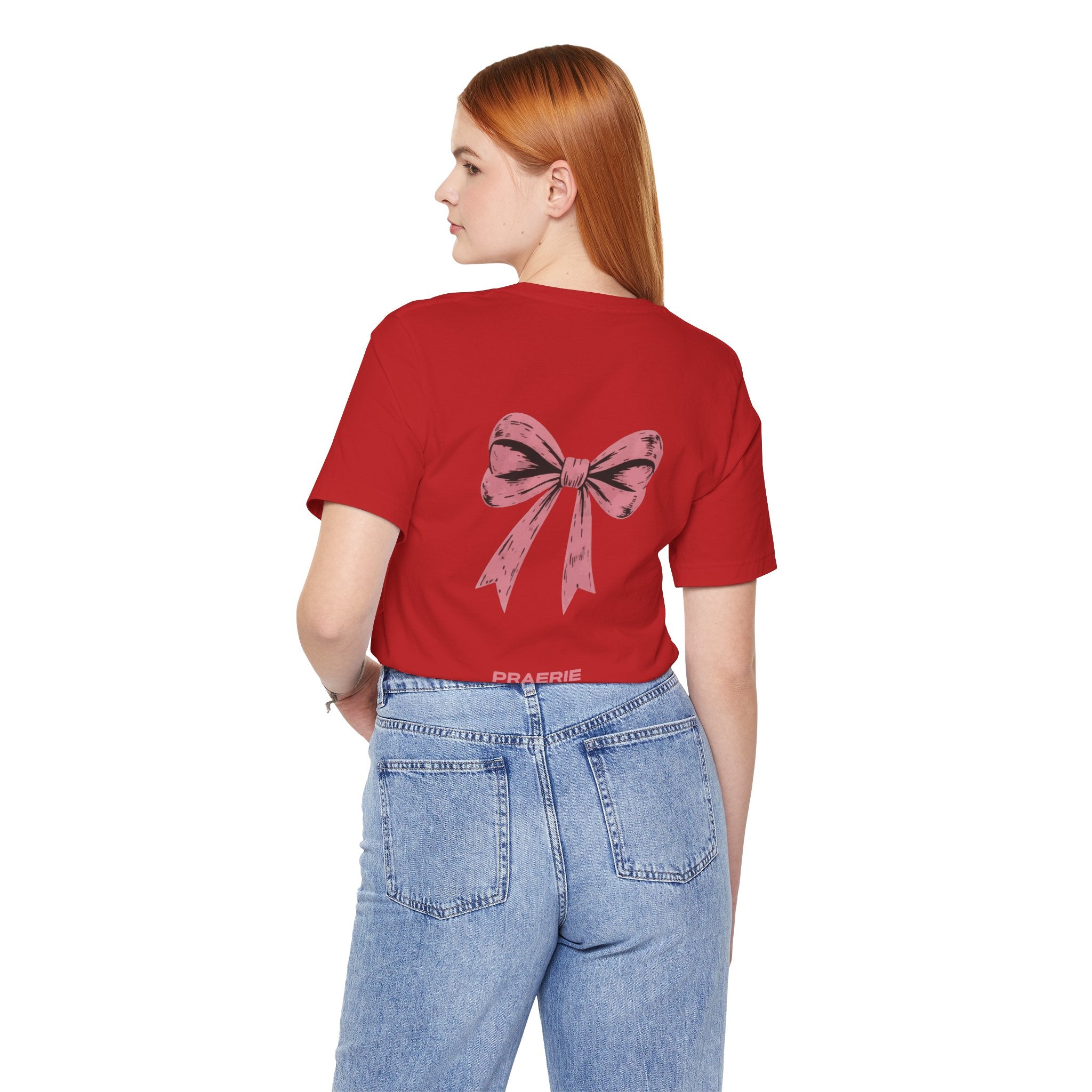 Bow Back Tee — Pink Vintage Ribbon "PRAERIE" Graphic T-Shirt