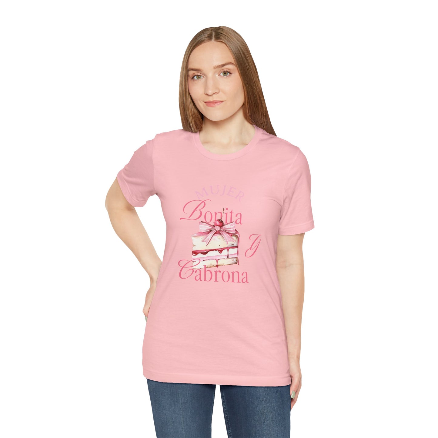 Mujer Bonita y Cabrona Tee — Pink Cake Graphic Women's Spanish Statement Shirt