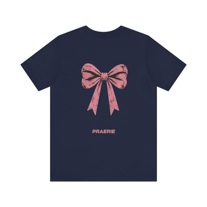 Bow Back Tee — Pink Vintage Ribbon "PRAERIE" Graphic T-Shirt