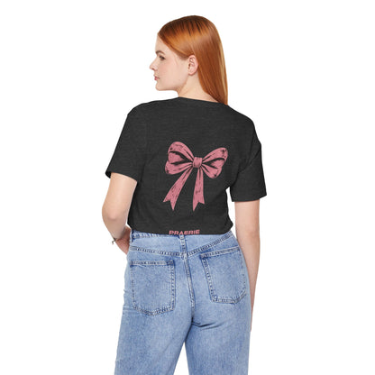 Bow Back Tee — Pink Vintage Ribbon "PRAERIE" Graphic T-Shirt