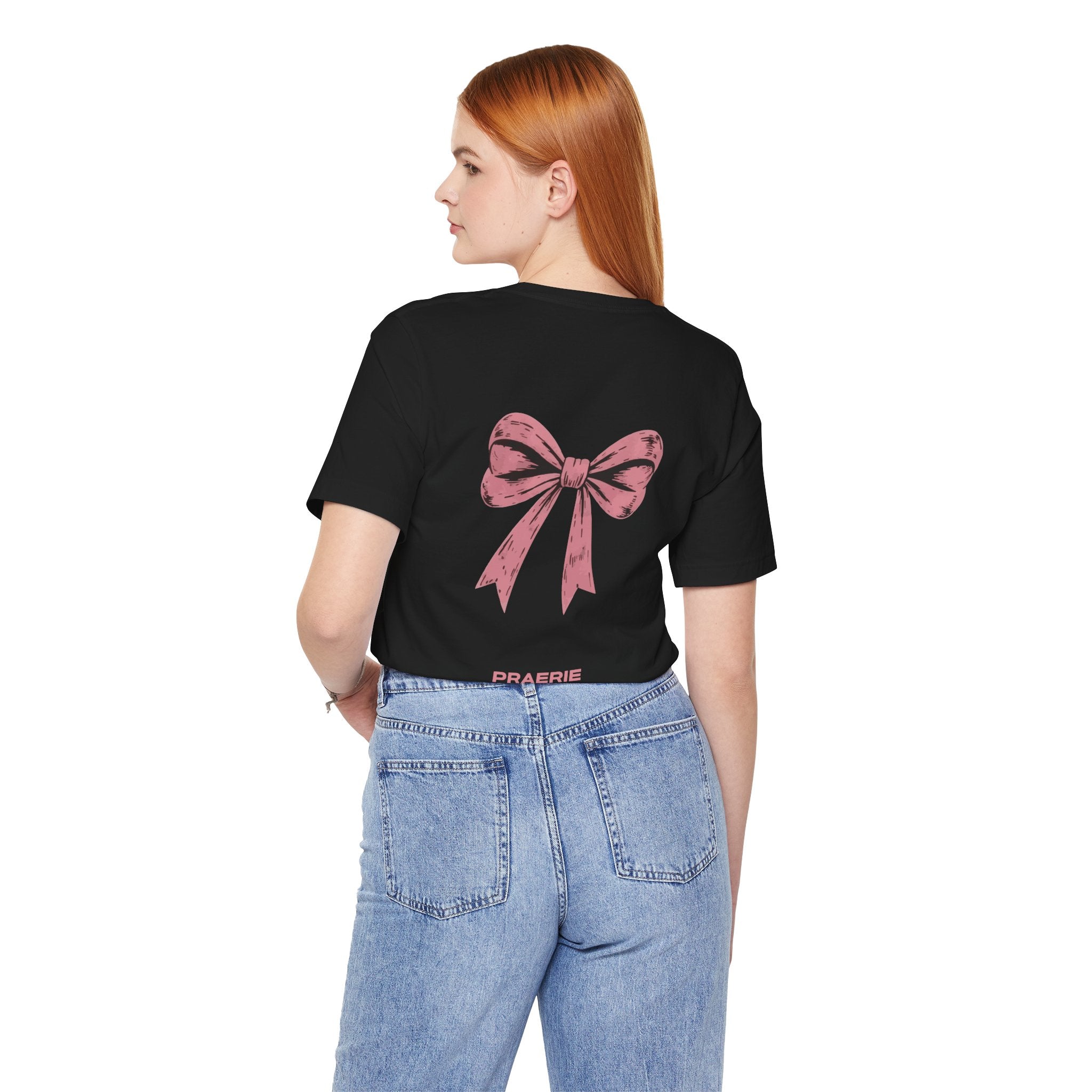 Bow Back Tee — Pink Vintage Ribbon "PRAERIE" Graphic T-Shirt