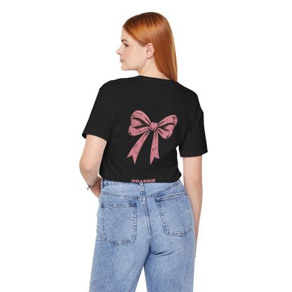 Bow Back Tee — Pink Vintage Ribbon "PRAERIE" Graphic T-Shirt