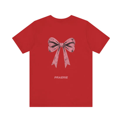 Bow Back Tee — Pink Vintage Ribbon "PRAERIE" Graphic T-Shirt