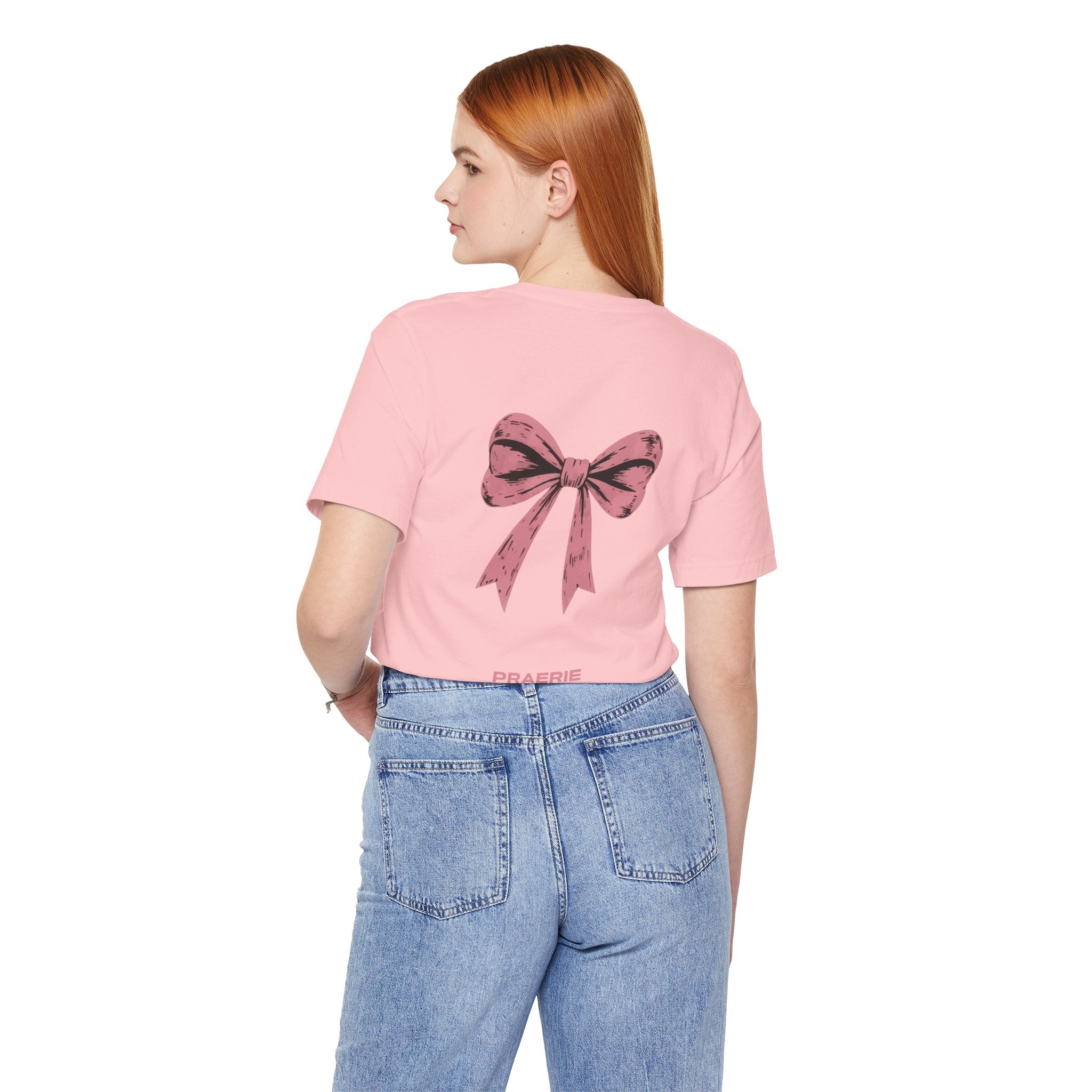 Bow Back Tee — Pink Vintage Ribbon "PRAERIE" Graphic T-Shirt