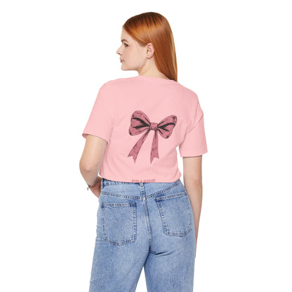 Bow Back Tee — Pink Vintage Ribbon "PRAERIE" Graphic T-Shirt