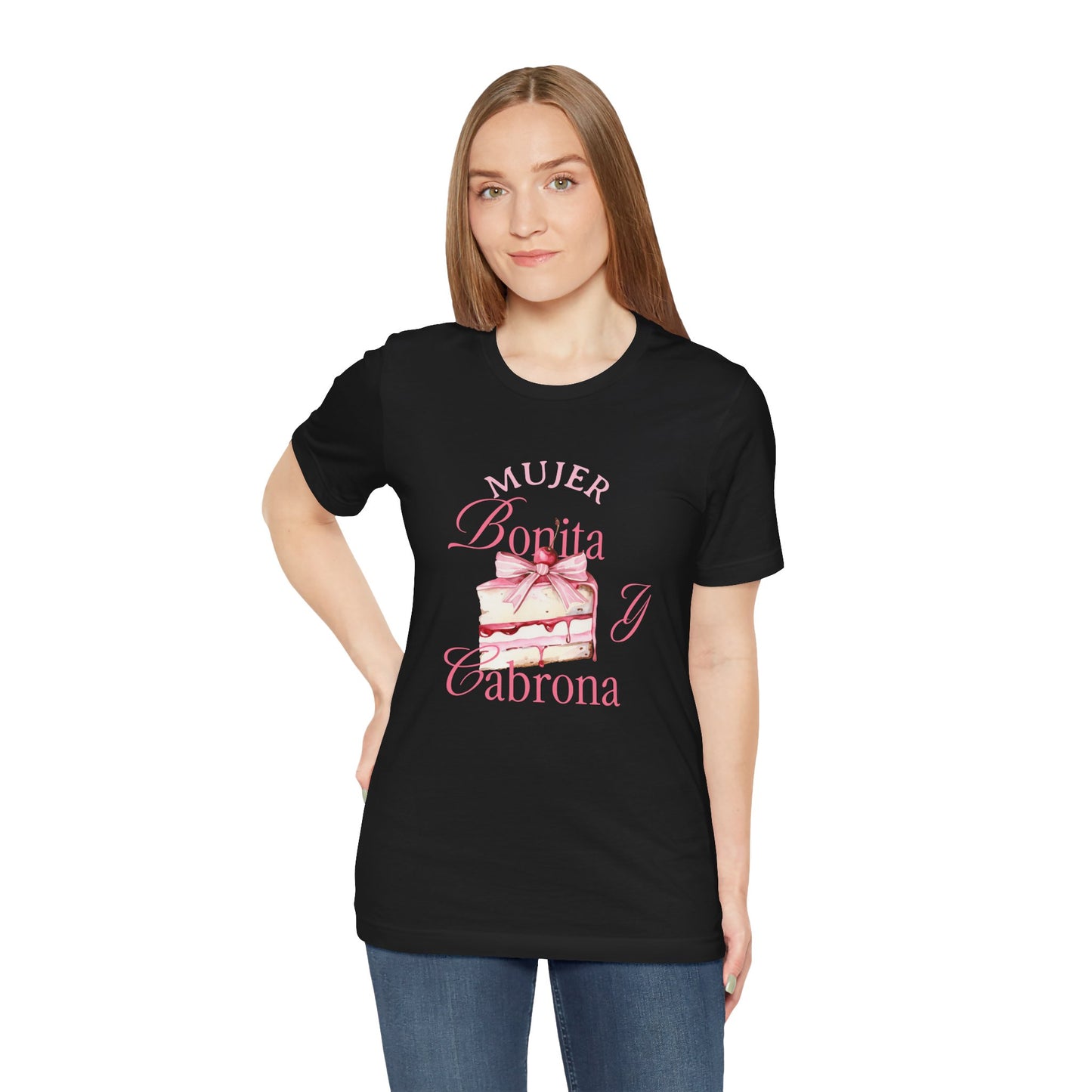 Mujer Bonita y Cabrona Tee — Pink Cake Graphic Women's Spanish Statement Shirt