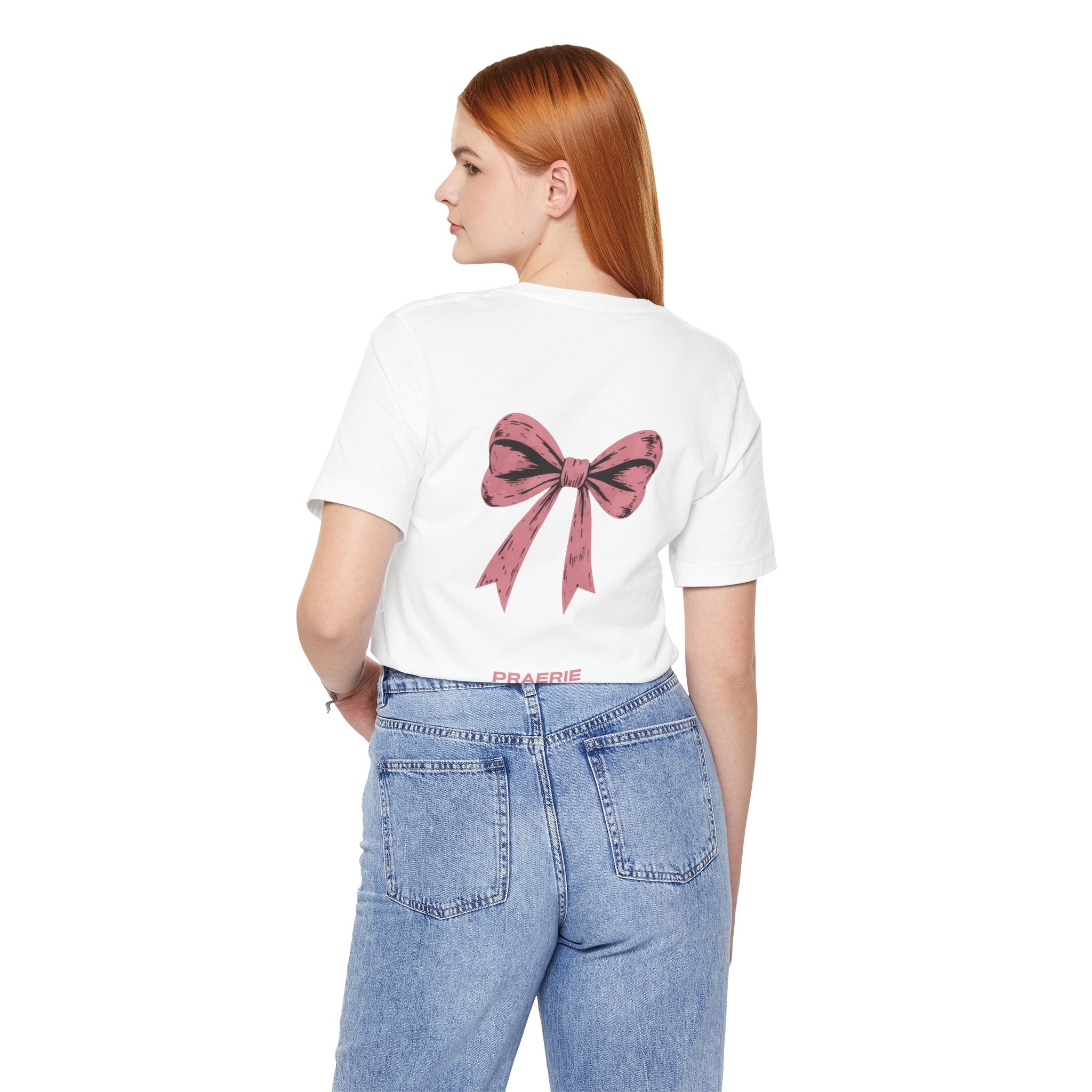 Bow Back Tee — Pink Vintage Ribbon "PRAERIE" Graphic T-Shirt