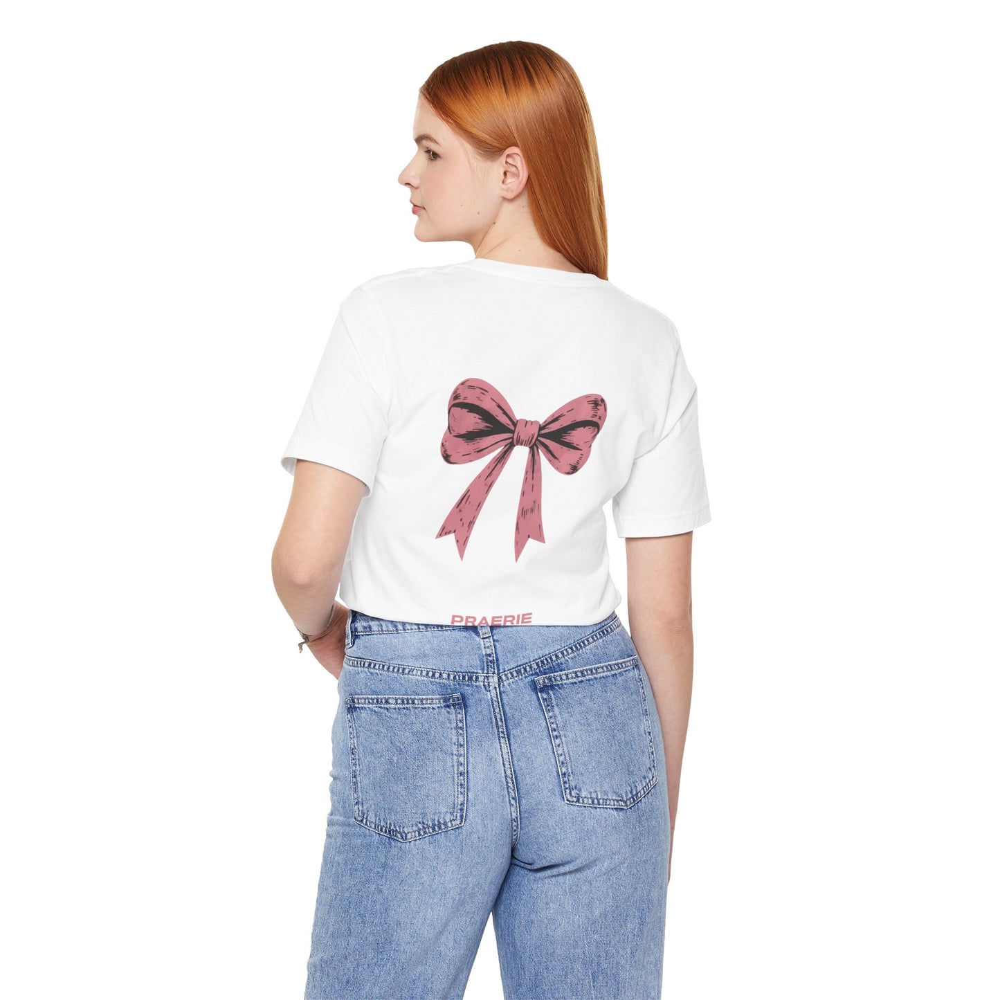 Bow Back Tee — Pink Vintage Ribbon "PRAERIE" Graphic T-Shirt