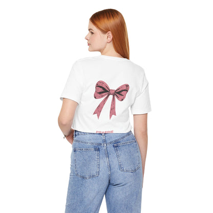 Bow Back Tee — Pink Vintage Ribbon "PRAERIE" Graphic T-Shirt