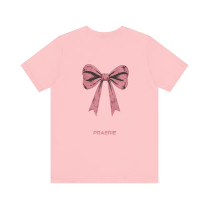 Bow Back Tee — Pink Vintage Ribbon "PRAERIE" Graphic T-Shirt