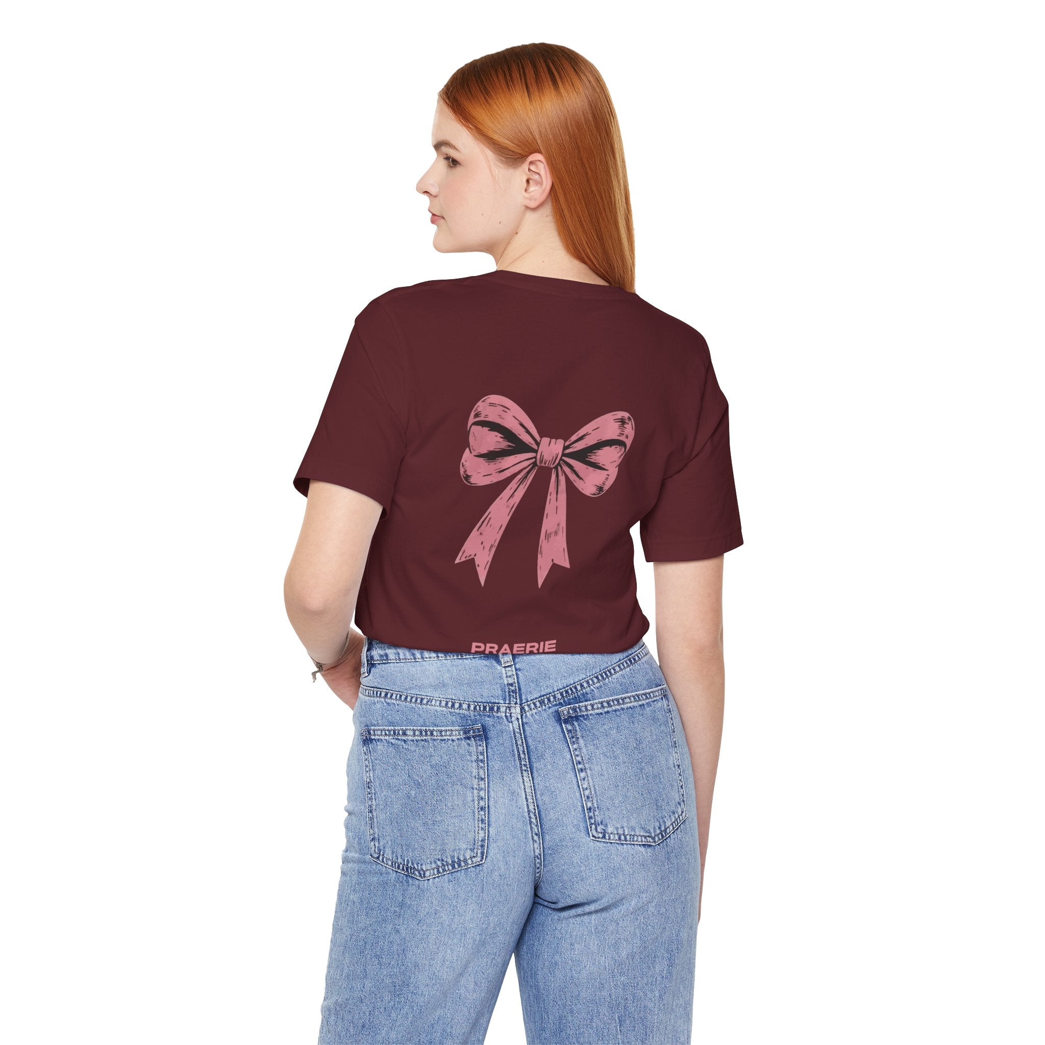 Bow Back Tee — Pink Vintage Ribbon "PRAERIE" Graphic T-Shirt