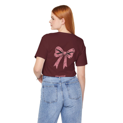 Bow Back Tee — Pink Vintage Ribbon "PRAERIE" Graphic T-Shirt