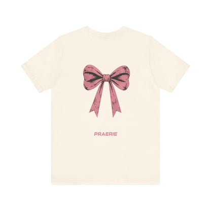 Bow Back Tee — Pink Vintage Ribbon "PRAERIE" Graphic T-Shirt