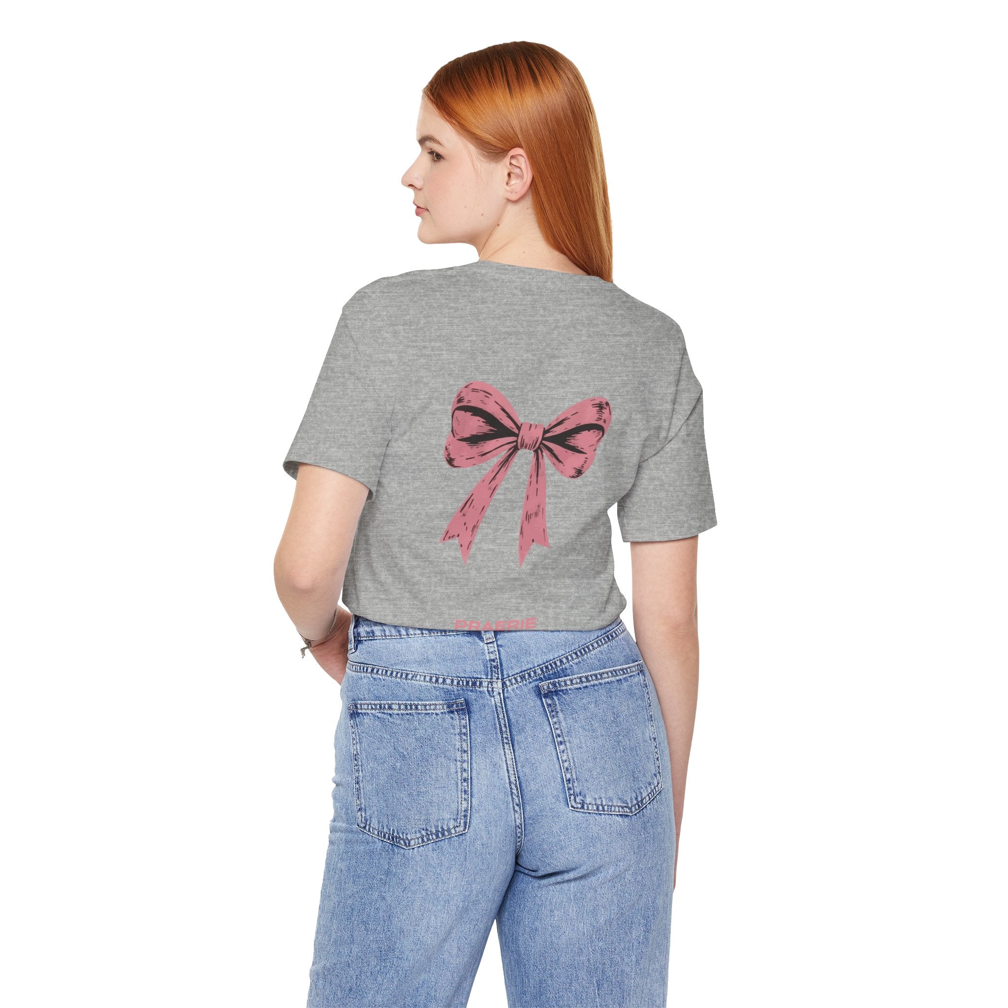 Bow Back Tee — Pink Vintage Ribbon "PRAERIE" Graphic T-Shirt